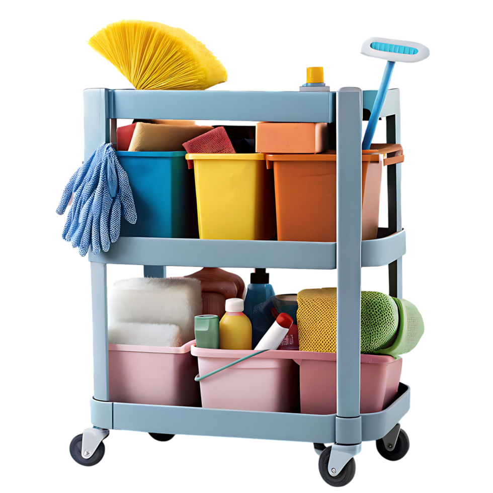 A cleaning cart with various cleaning supplies png