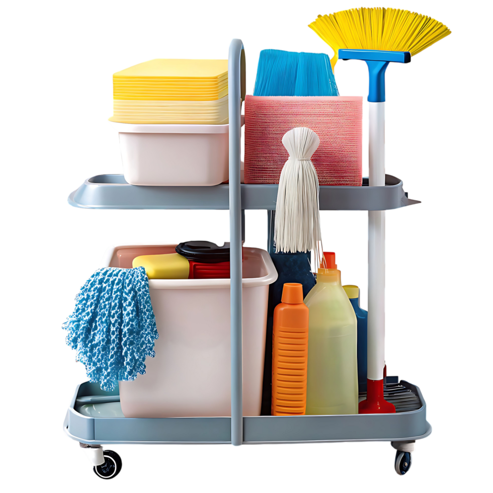 A cleaning cart with cleaning supplies on it png