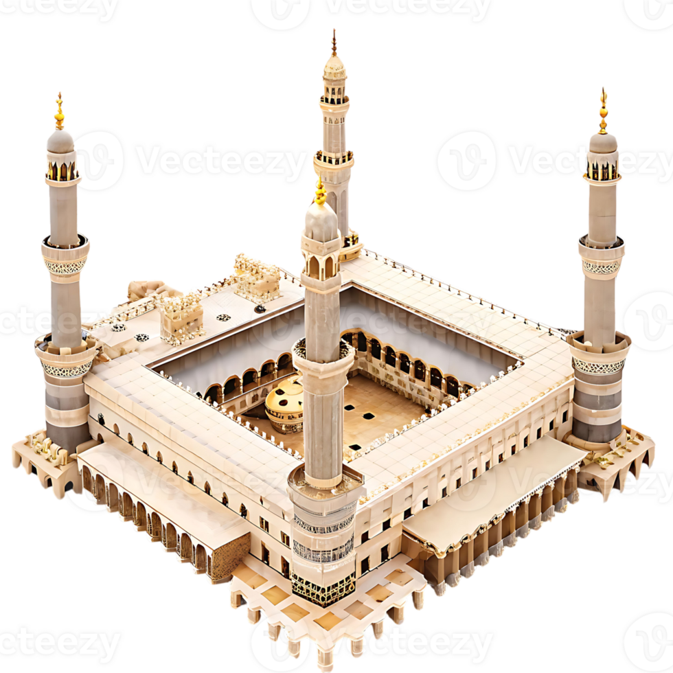 Detailed Architectural Model of a Grand Mosque with Four Minarets and Central Courtyard png
