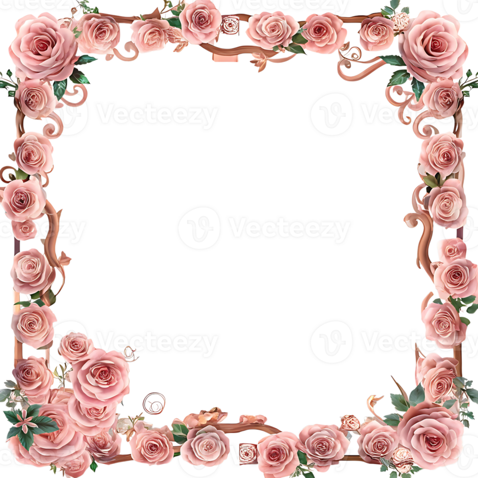 Beautiful square frame of pink roses and ornate brown vines perfect for elegant designs and romantic projects png