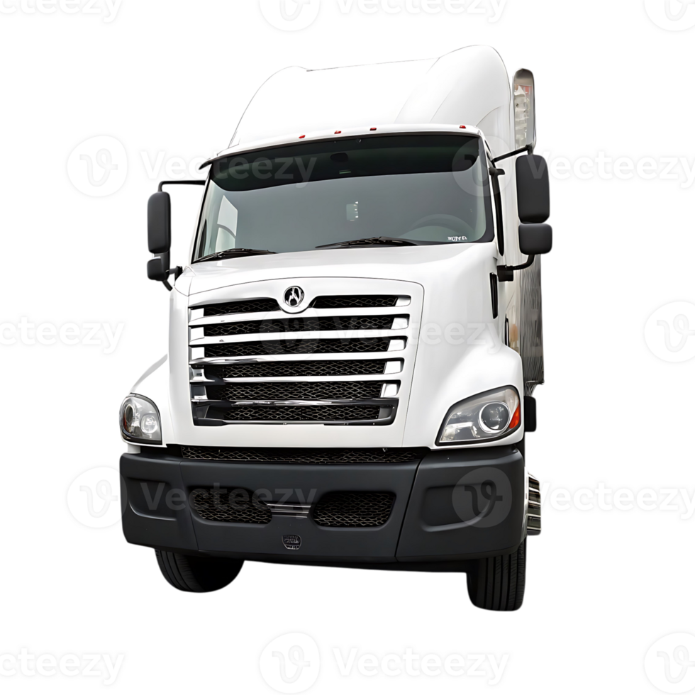 A pristine white modern semitruck with a chrome grill and sleek design is shown in this image png