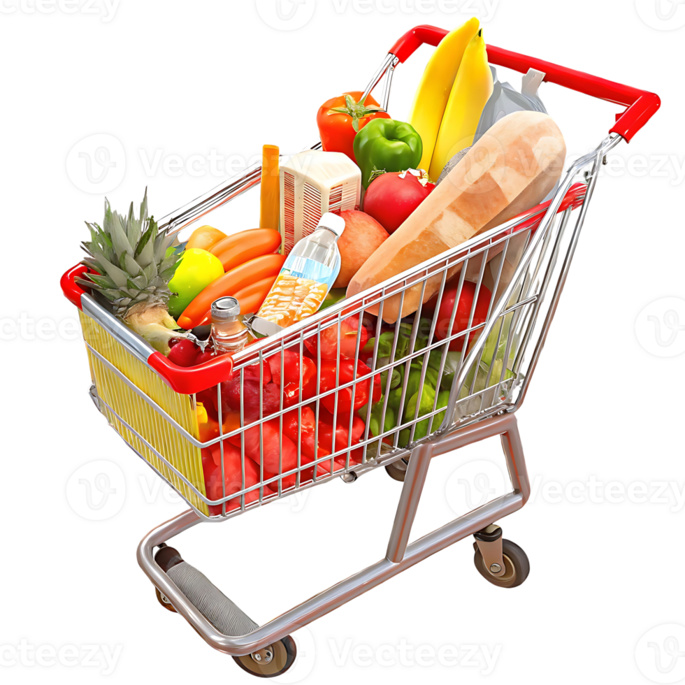 A full shopping cart with fresh produce, bakery items, and drinks png