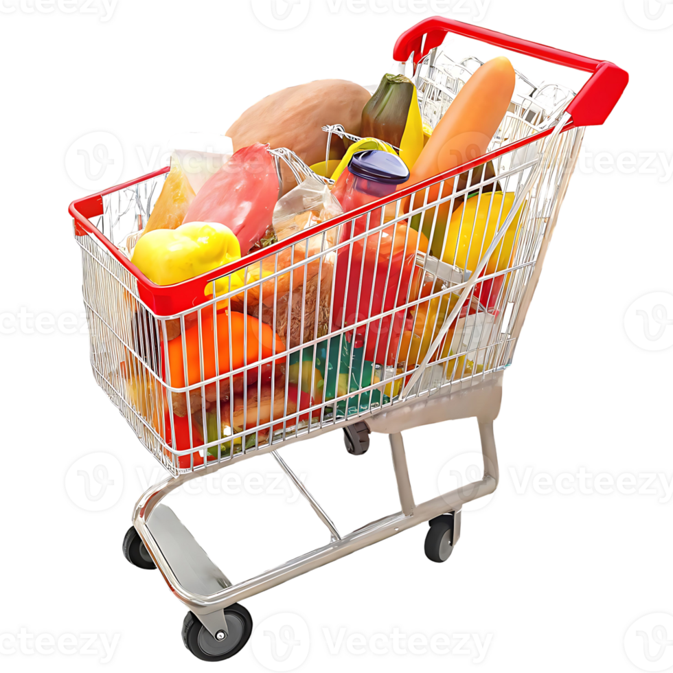 A metal shopping cart full of various groceries including fresh produce, bread, and packaged goods png