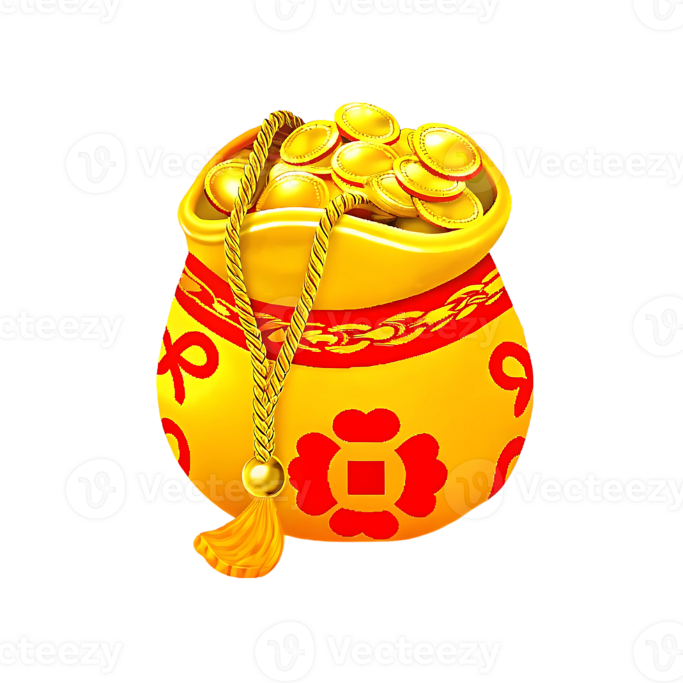 A Bountiful Golden Bag Overflowing with Shiny Coins and Adorned with Red Chinese Symbols png