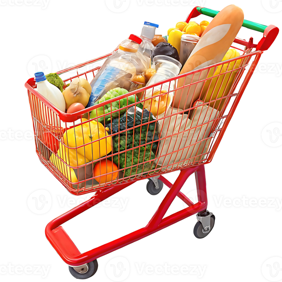 A Red Shopping Cart Filled with Groceries Including Fruits Vegetables Bread and Dairy Products png