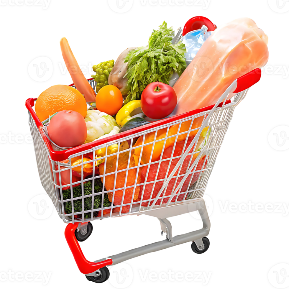 Full Shopping Cart of Fresh Produce and Meat at the Grocery Store png