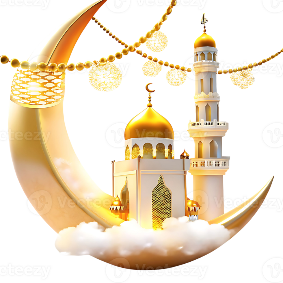 Golden Crescent Moon with Illuminated Mosque and Festive Lights Celebrating Ramadan png