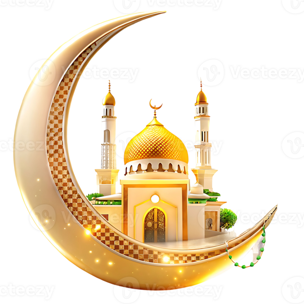 Golden Crescent Moon Encircling a Majestic Mosque at Night png