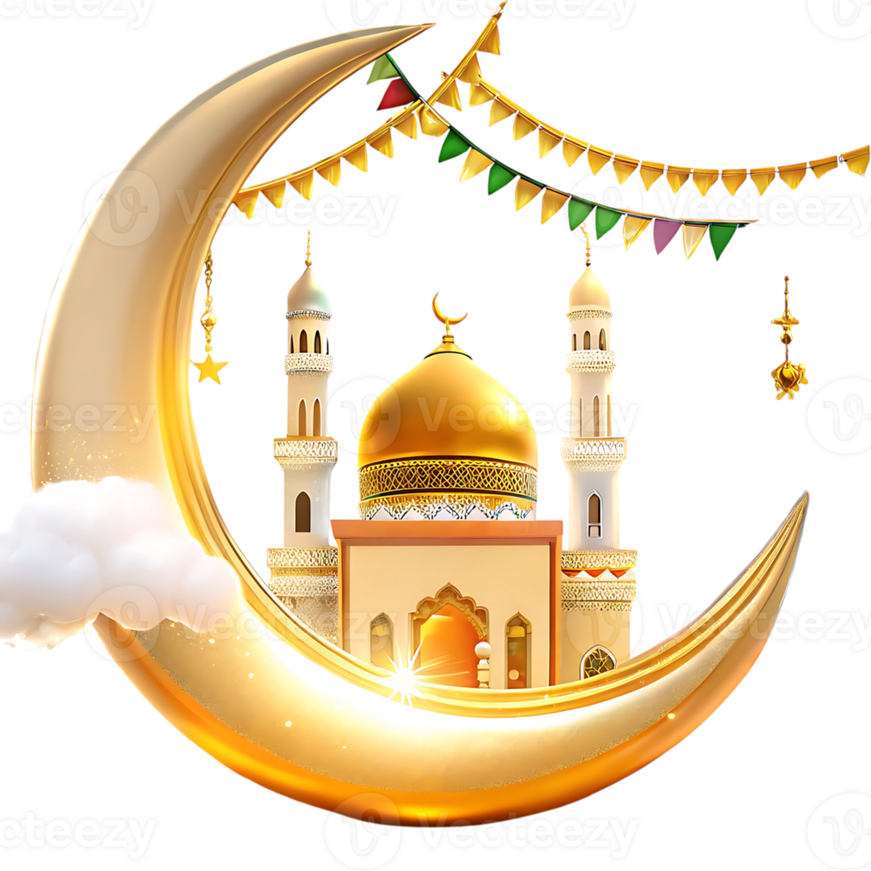 Golden Crescent Moon Encircling a Majestic Mosque with Festive Bunting png