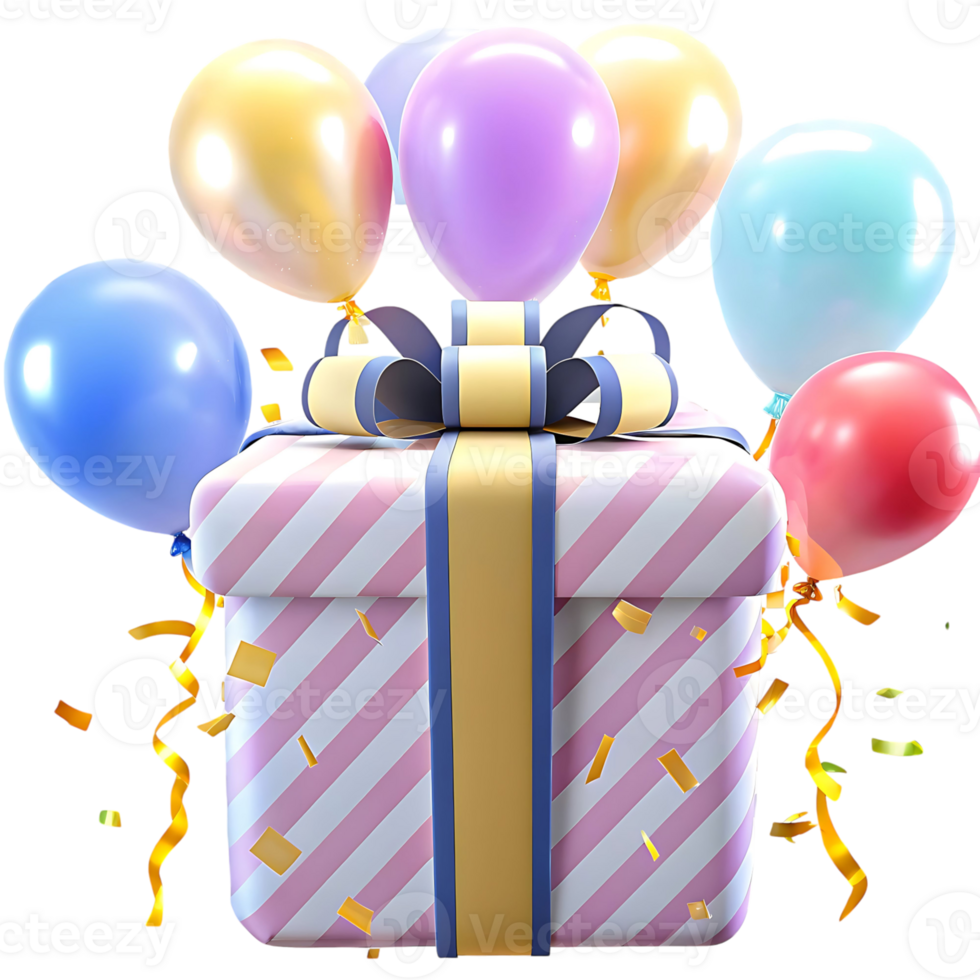 A Pink Striped Gift Box Surrounded by Colorful Balloons and Golden Confetti png