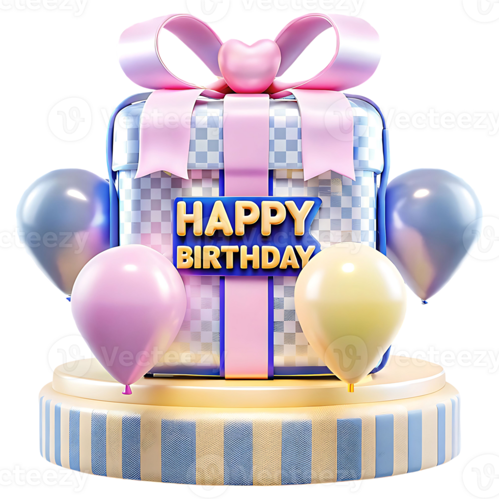 Happy Birthday Gift with Balloons on a Striped Pedestal 3D Render png
