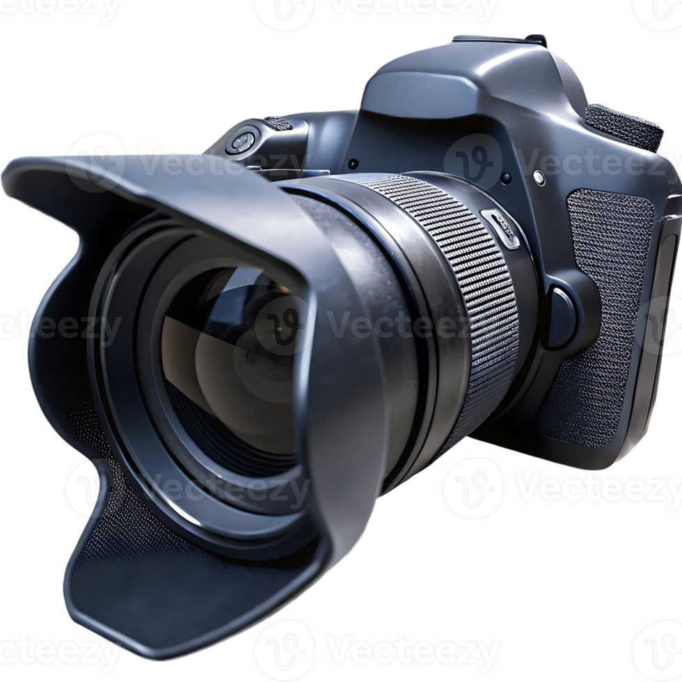 Professional DSLR Camera with Lens Hood and Black Background png
