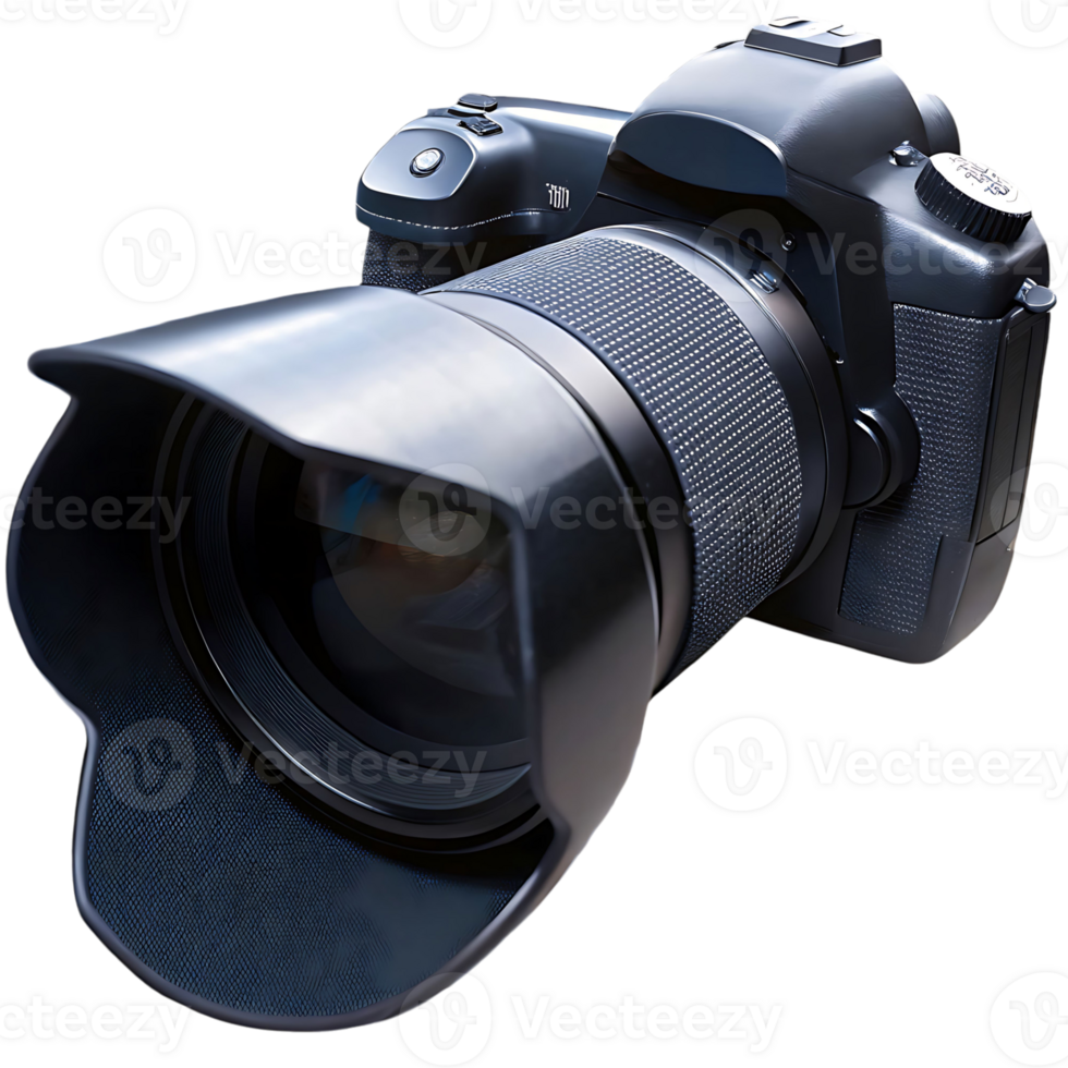 Professional DSLR Camera with a Large Telephoto Lens and Hood, Black Body, High Resolution Image Sensor png