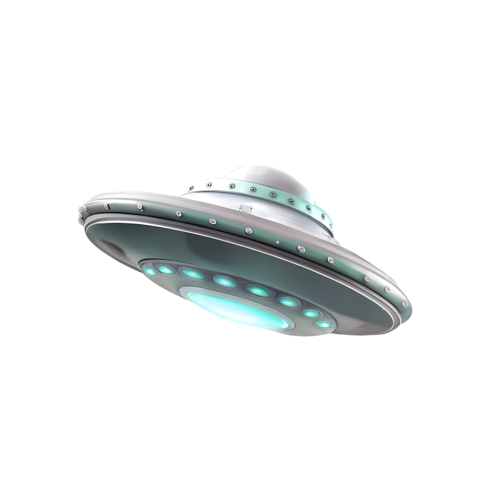 A Futuristic Flying Saucer UFO Spaceship Design in 3D Render on Black Background png