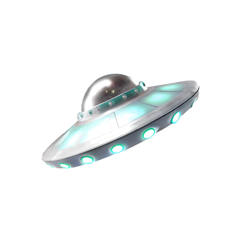A futuristic silver UFO spaceship with glowing teal lights hovering in the dark night sky png