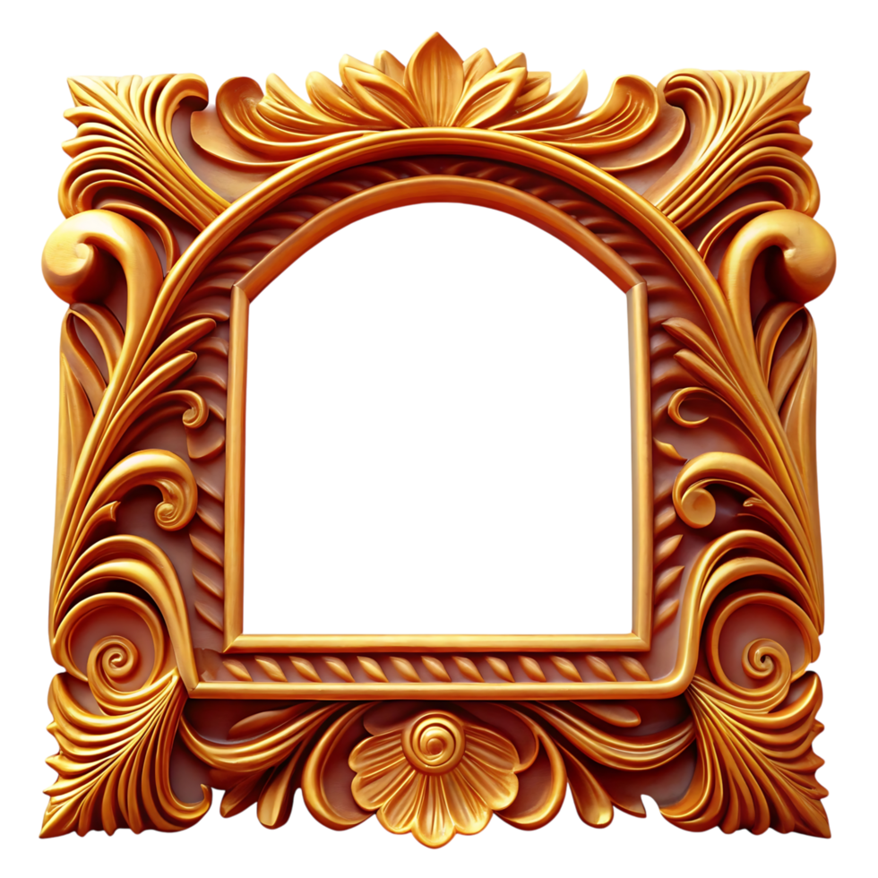 Ornate Golden Frame with Intricate Carvings and Arch Top Design png