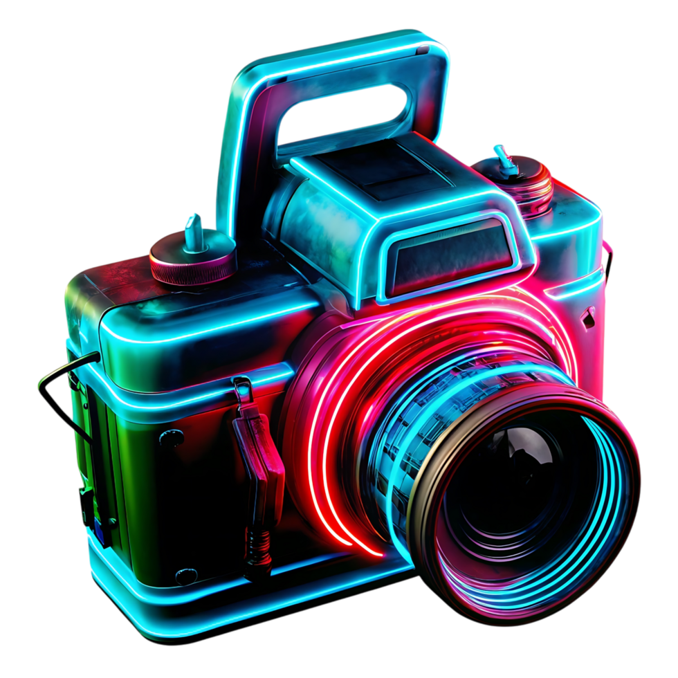 Neon Retro Camera Photography Equipment 80s Style Vivid Colors Digital Art png