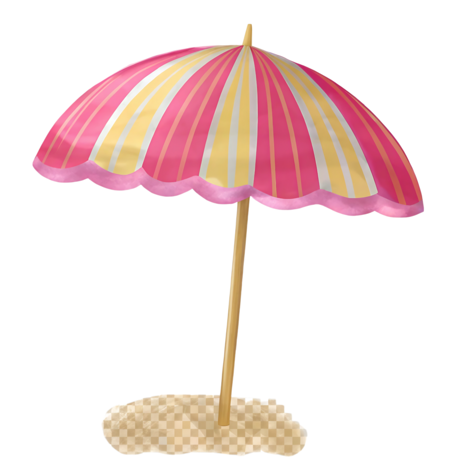 A pink and yellow striped umbrella on a beach png
