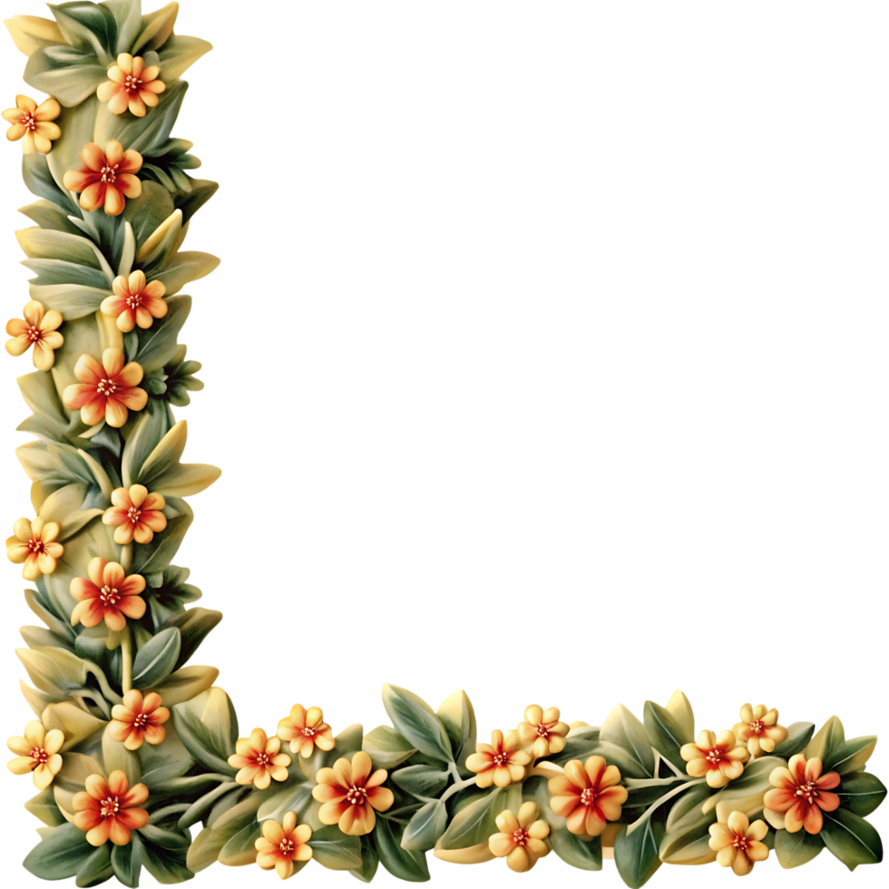 Elegant Floral Corner Design with Yellow and Orange Flowers and Green Leaves on Black Background png
