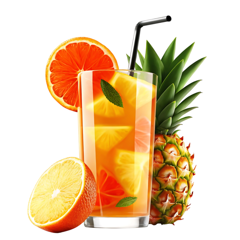 A glass of orange juice with a pineapple and orange slices png