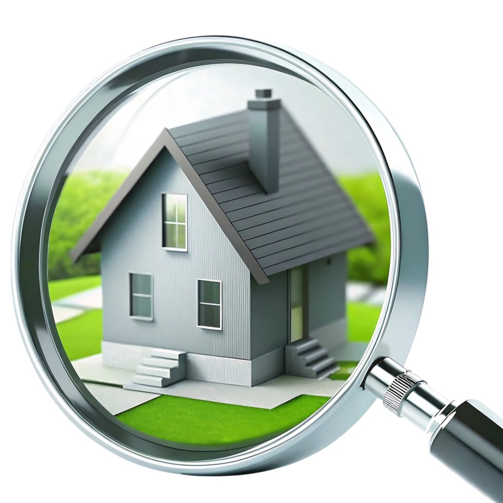 Detailed Examination of a Suburban House Through a Magnifying Glass Revealing Architectural Features and Landscaping png