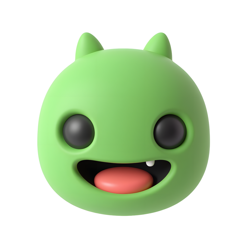 Cute Green Monster Emoji 3D Render Happy Cartoon Character png