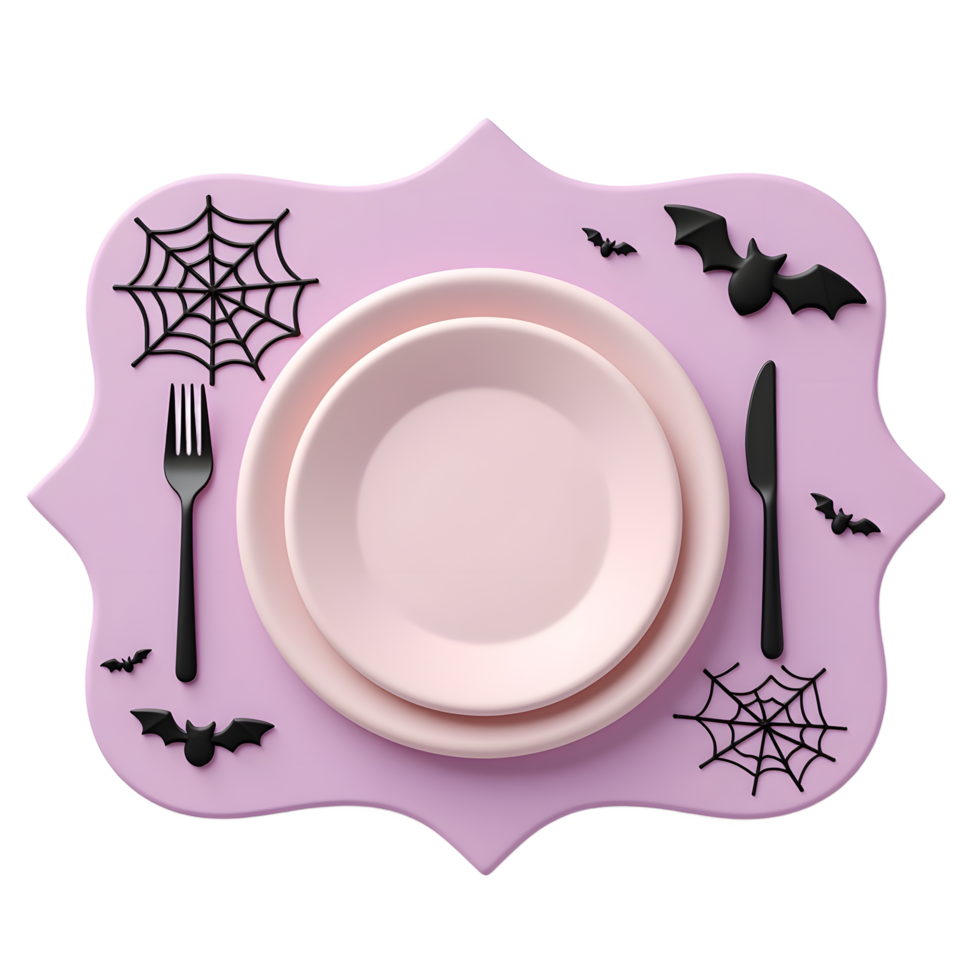 Spooky Halloween Table Setting with Pink Plates and Bats png