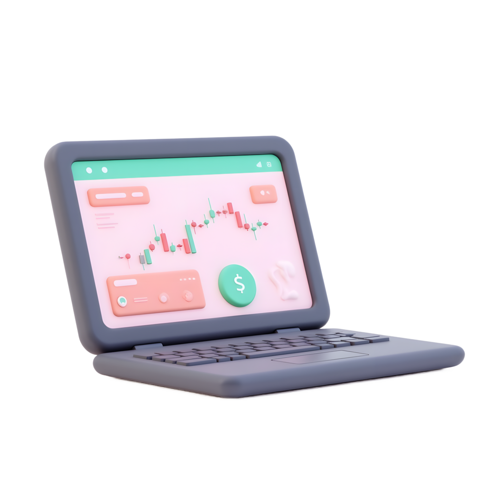 Online Stock Trading Laptop App 3D Render png