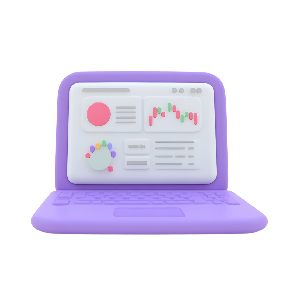 3D Render Purple Laptop with Data Analytics Charts png