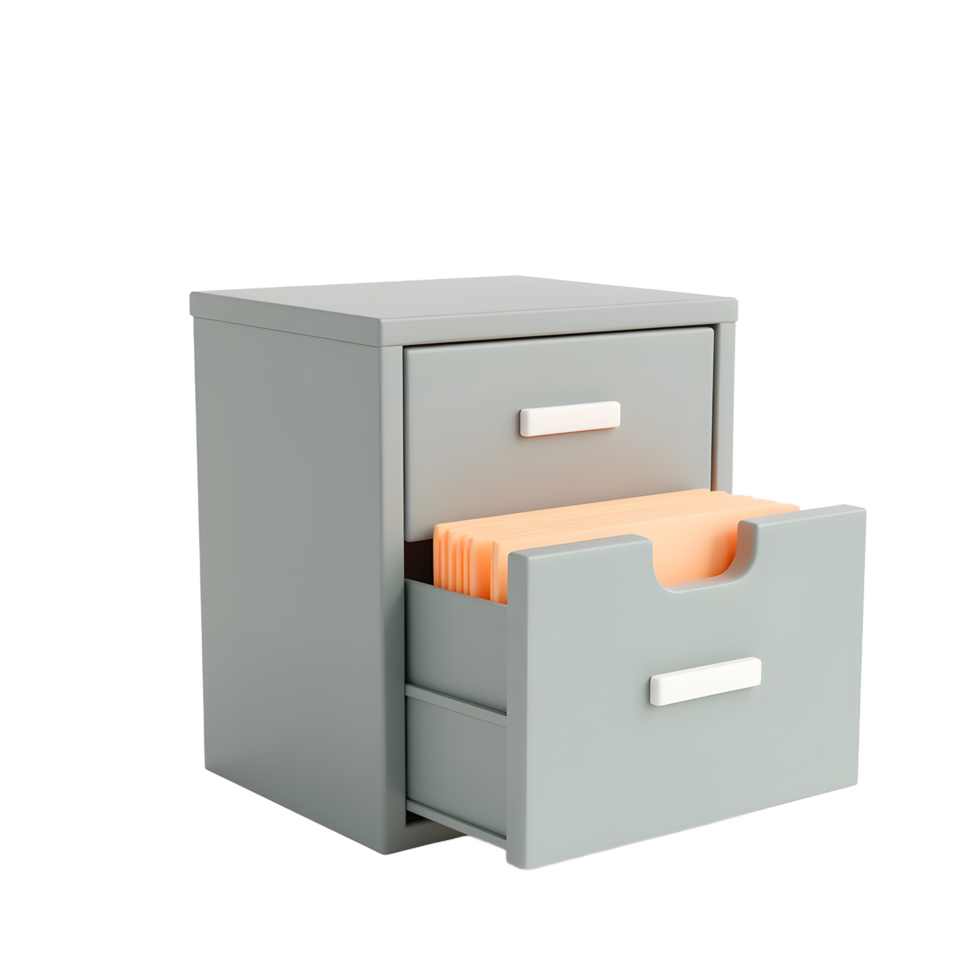 Gray File Cabinet with Open Drawer Showing Files png