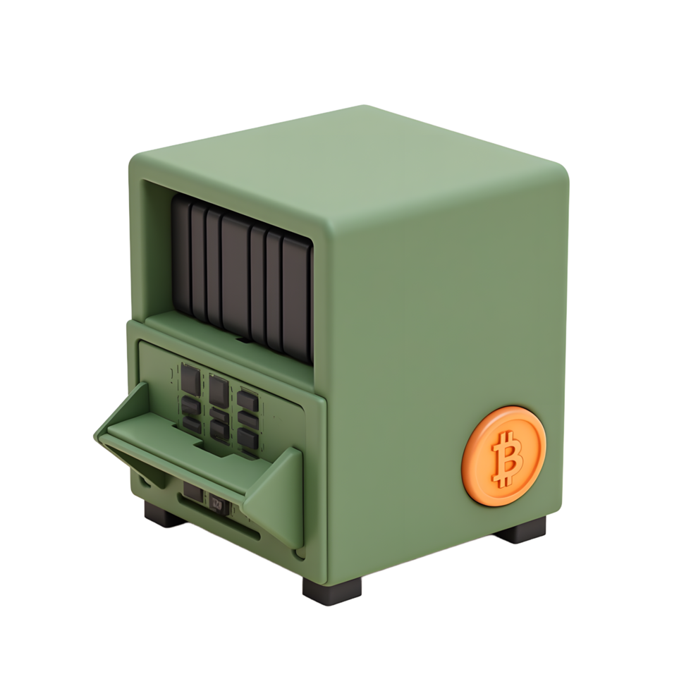 Secure Bitcoin Mining Rig 3D Render Green Crypto Hardware png