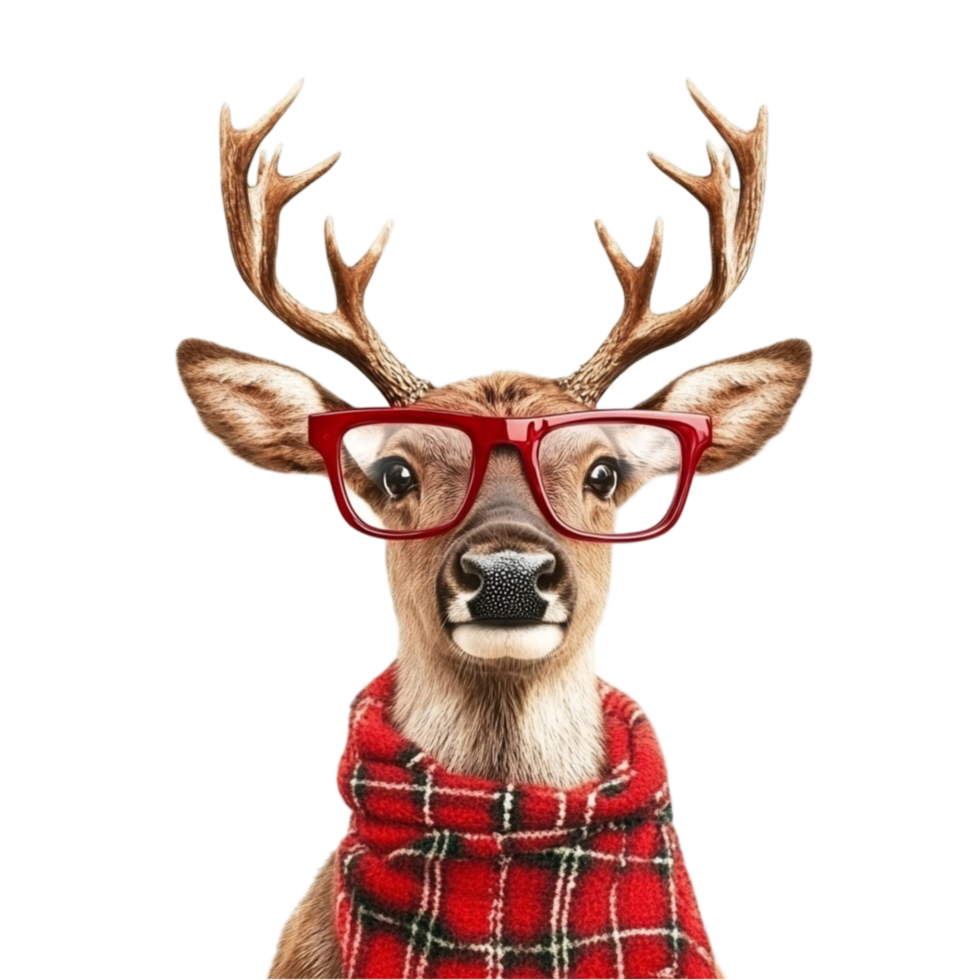 Festive Deer with Red Glasses and Plaid Scarf png