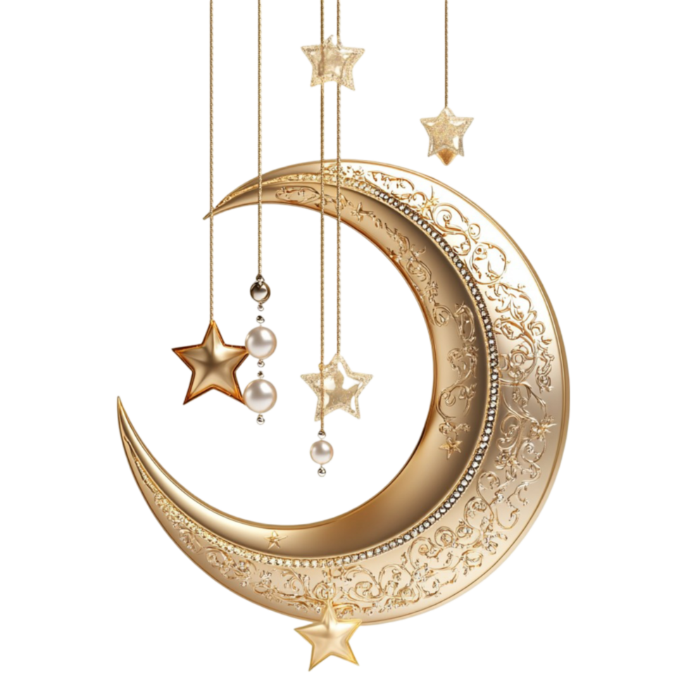 Elegant Golden Crescent Moon with Hanging Stars png
