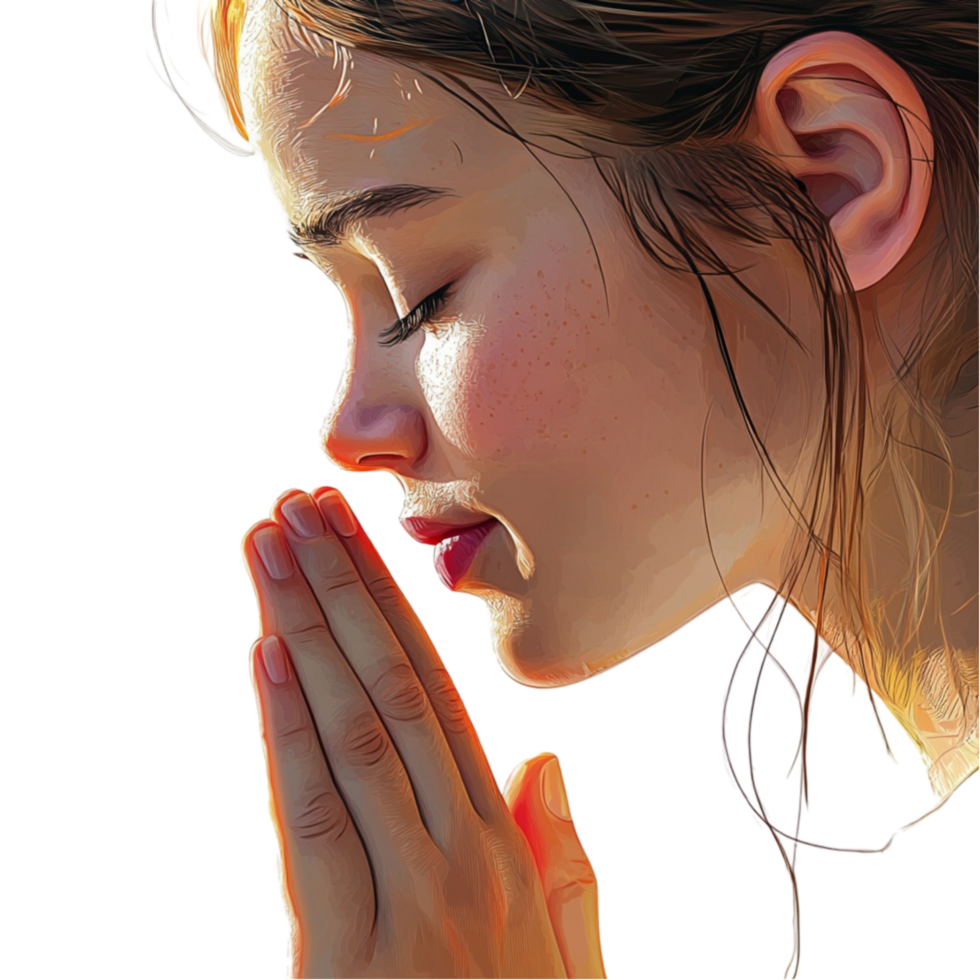Side Profile of Young Girl in Prayer with Hands Together png