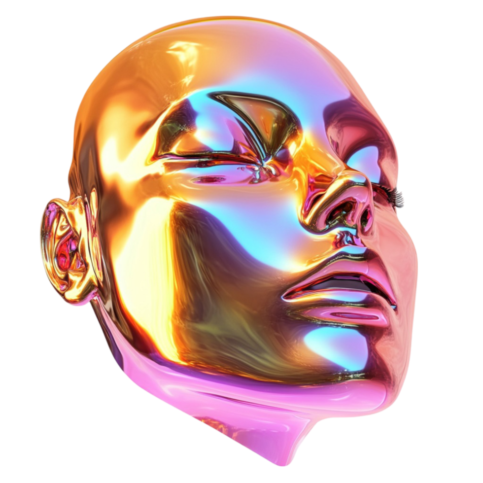 Futuristic Iridescent Face Sculpture with Neon Glow png