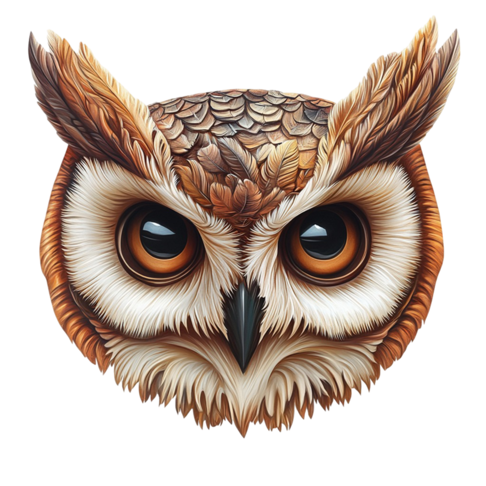 Realistic Owl Face with Large Eyes and Intricate Feathers png