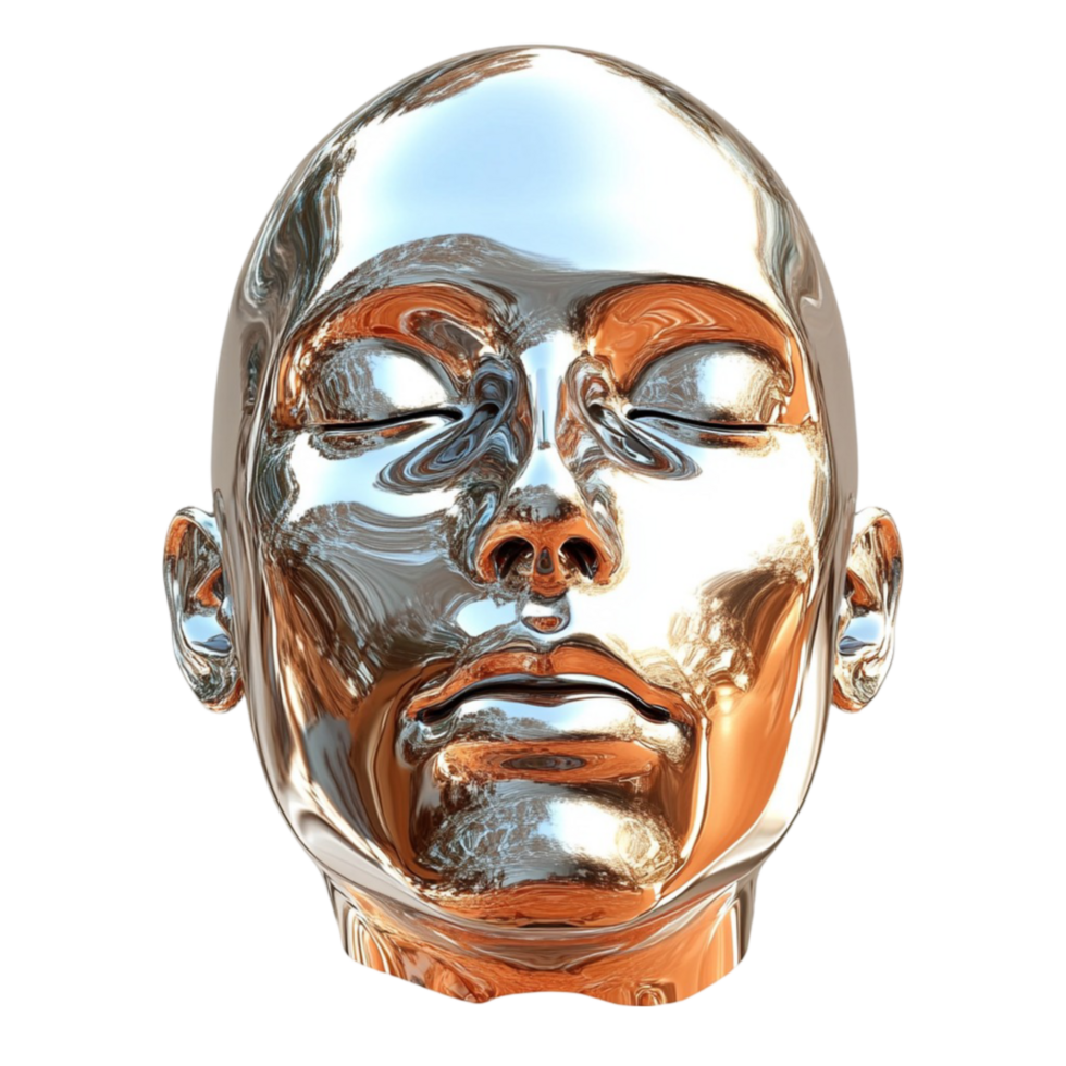 Metallic Human Face Sculpture with Reflective Chrome Finish png
