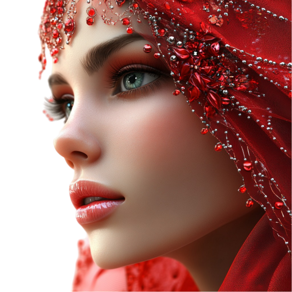 Close-up of Woman with Red Veil and Glittering Face Gems png