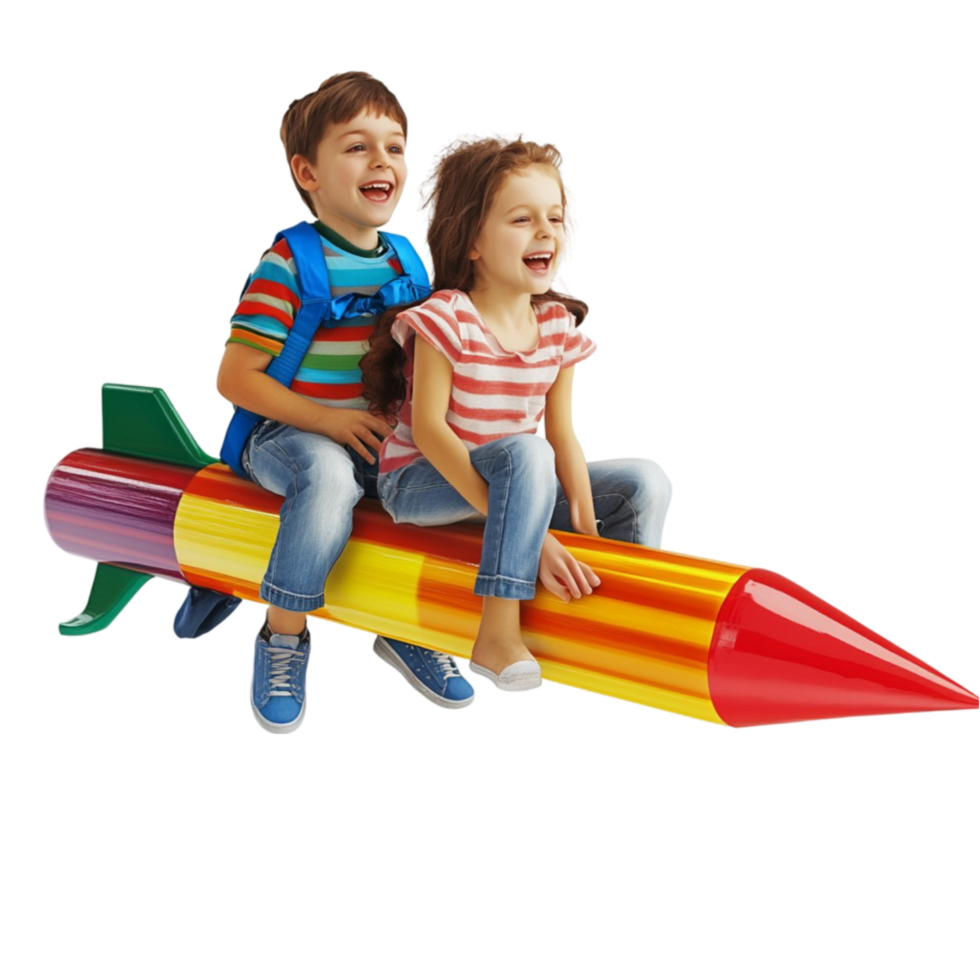 Happy Kids Riding a Giant Pencil Cartoon Illustration png