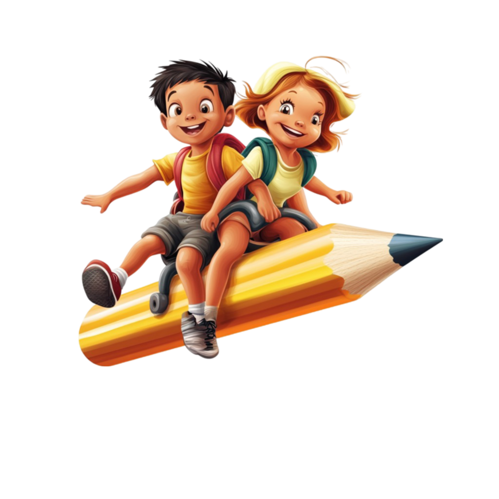 Happy Children Riding a Giant Pencil Illustration png