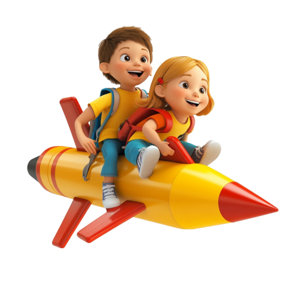 Cute Kids Riding a Rocket Cartoon Illustration png