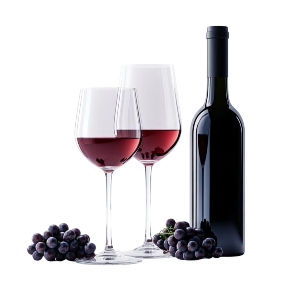 Red Wine Bottle with Two Glasses and Fresh Grapes png