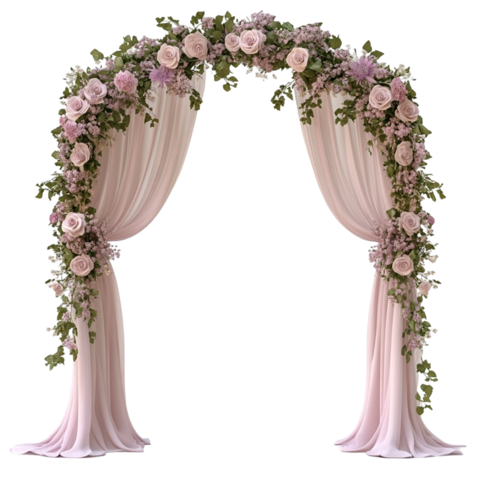 Elegant Wedding Arch with Pink Curtains and Flowers png