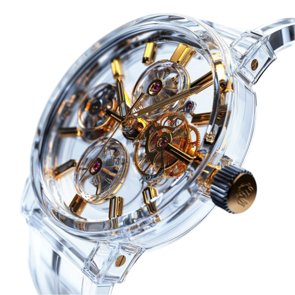 Transparent Mechanical Watch with Exposed Gears png
