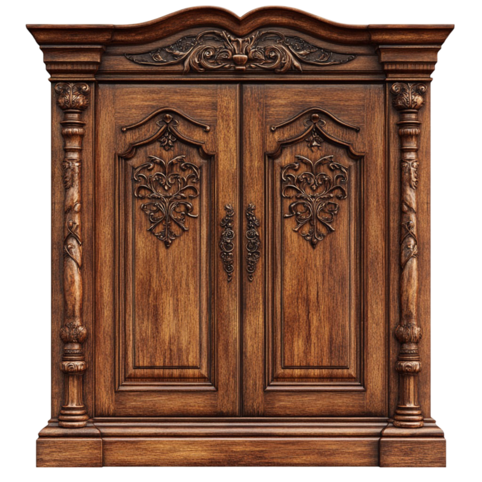 Antique Ornate Wooden Wardrobe with Carved Design png