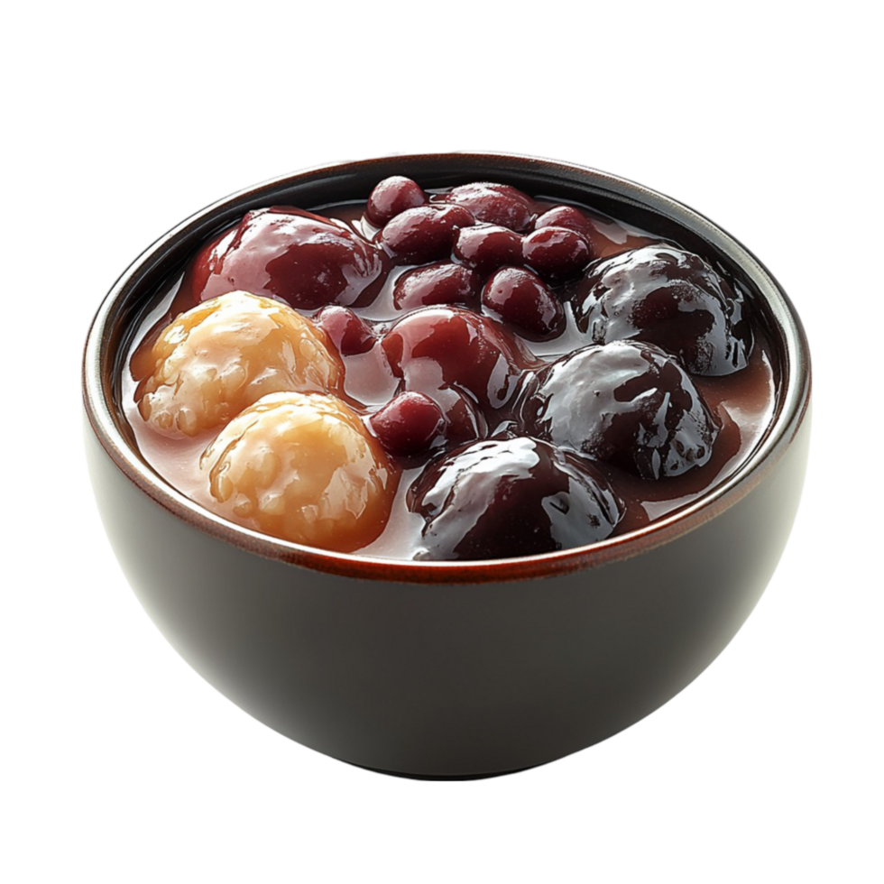 Bowl of Assorted Sweet Dumplings in Dark Berry Sauce png