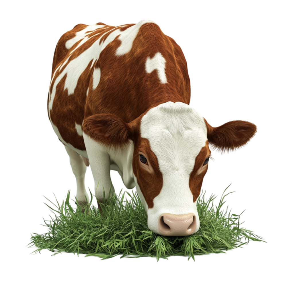 Brown and White Cow Grazing on Green Grass png