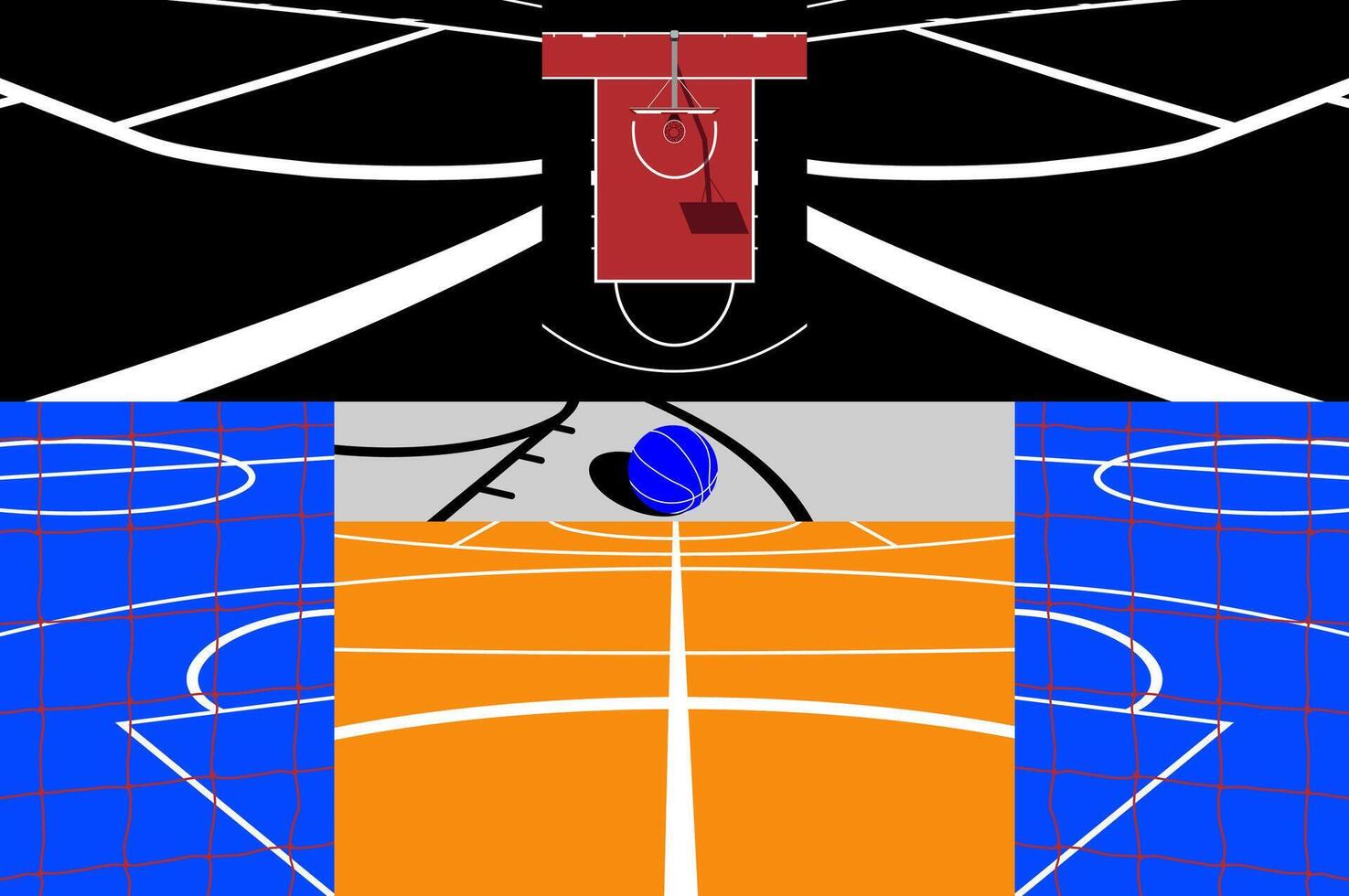 Black Basketball Courts. Close up of basketball court lines view. concept in flat style. High angle view of basketball court dividing lines vector