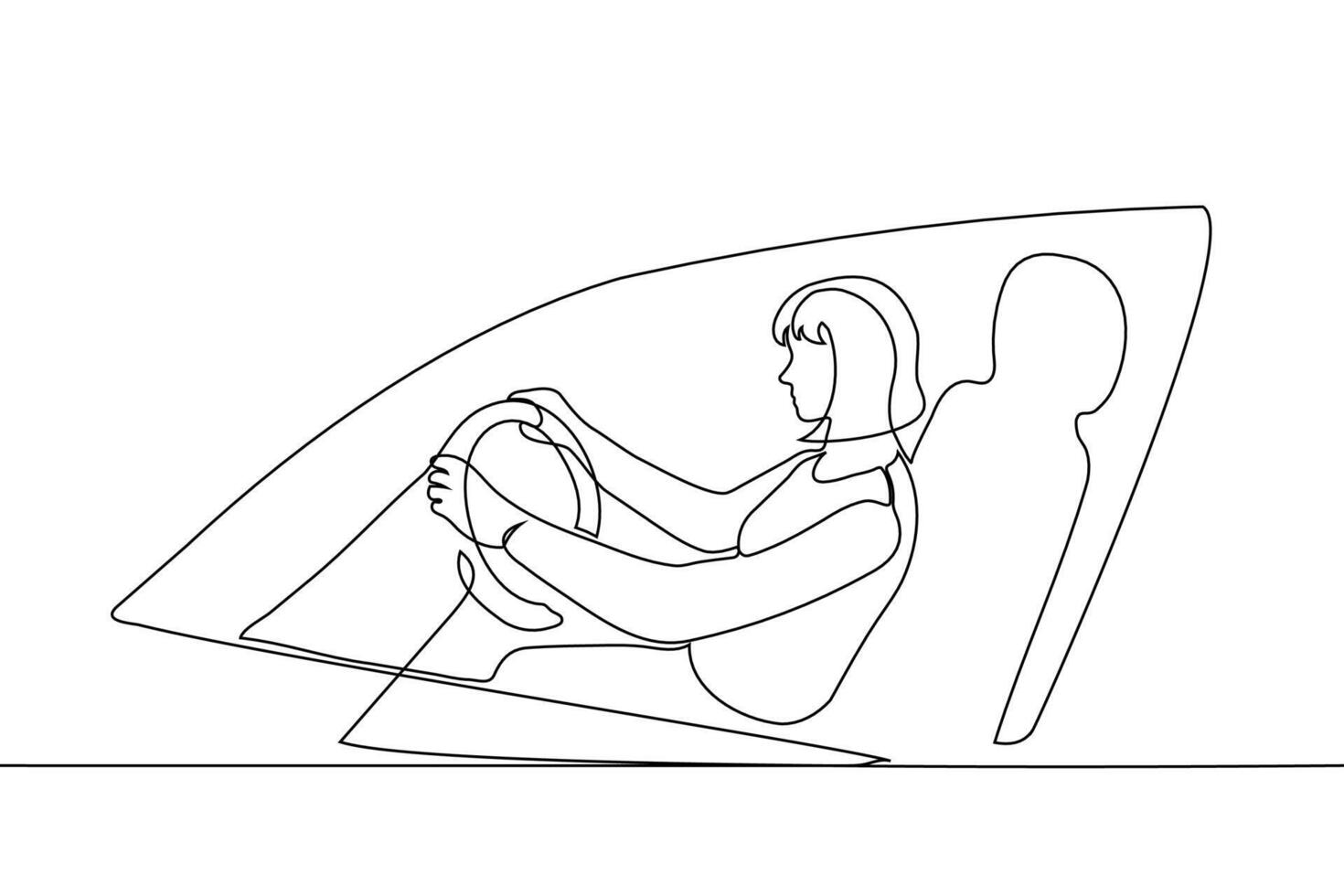 woman sitting holding steering wheel of car, view from outside car through window - one line art vector
