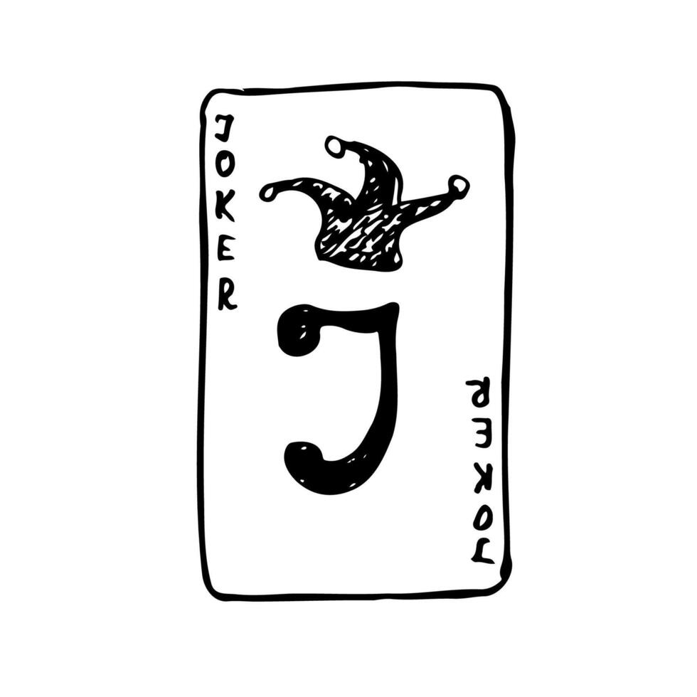 grunge joker card capital letter J and tricorne hat - line art vector